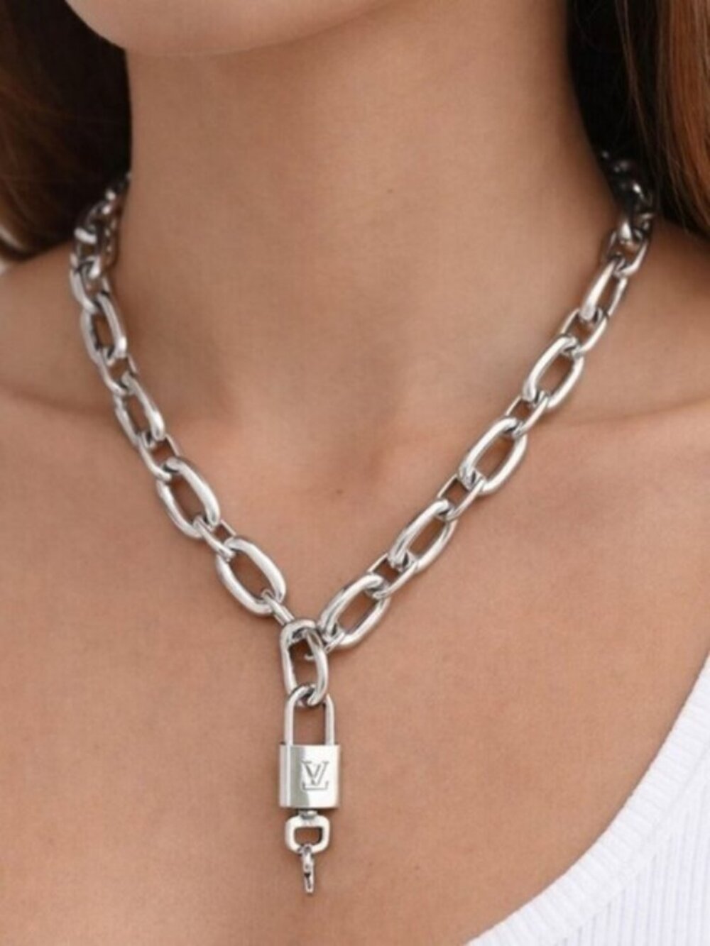 Authentic Louis Vuitton Silver Padlock With  Silver Plated Chain Necklace